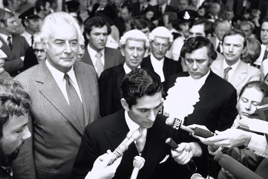 The media scrum as Sir John Kerr's secretary David Smith proclaims Gough Whitlam's sacking_11thNovemer-1975 The media scrum as Sir John Kerr's secretary David Smith proclaims Gough Whitlam's sacking_11thNovemer-1975.
